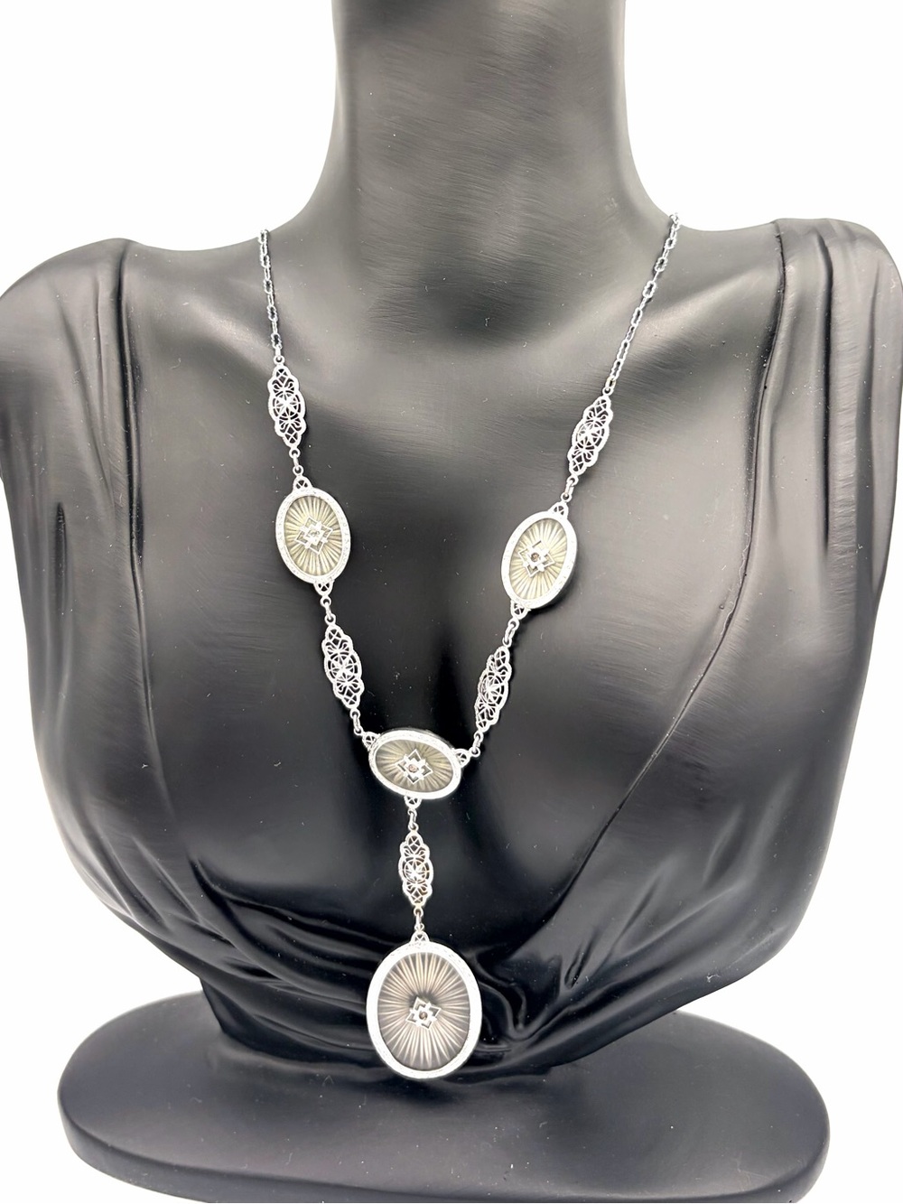 Authentic Camphor Glass 1920s Art Deco White Gold Shell Filigree, 4 Pane, Y Drop